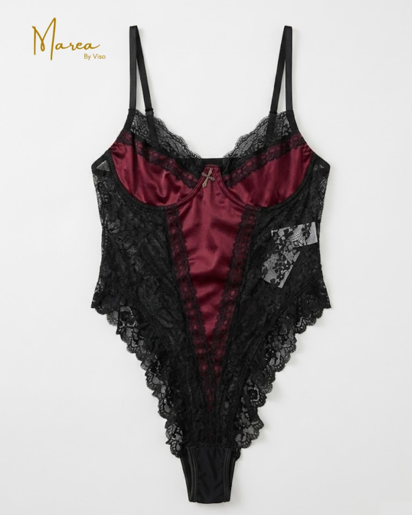 Blusa de mujer body estilo lenceria negro con vino tinto